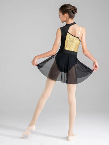 Girls Sequin Off Shoulder Sleeveless Lyrical Contemporary Dance Dress - TSSOE