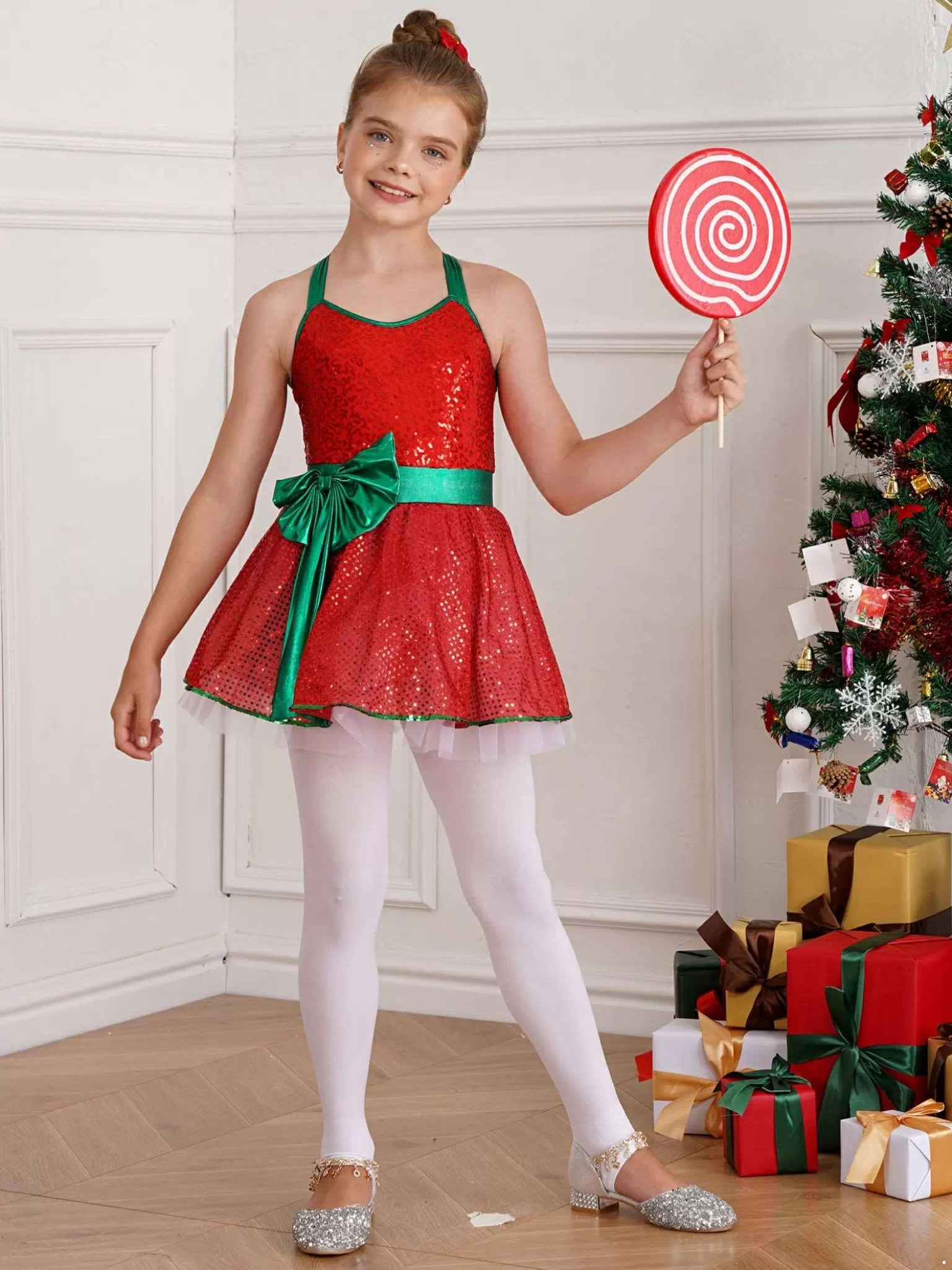 Girls Sequins Christmas Dance Figure Ice Skating Tutu Dress Leotard - TSSOE