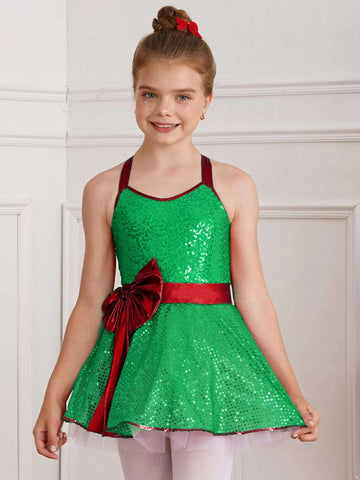 Girls Sequins Christmas Dance Figure Ice Skating Tutu Dress Leotard - TSSOE