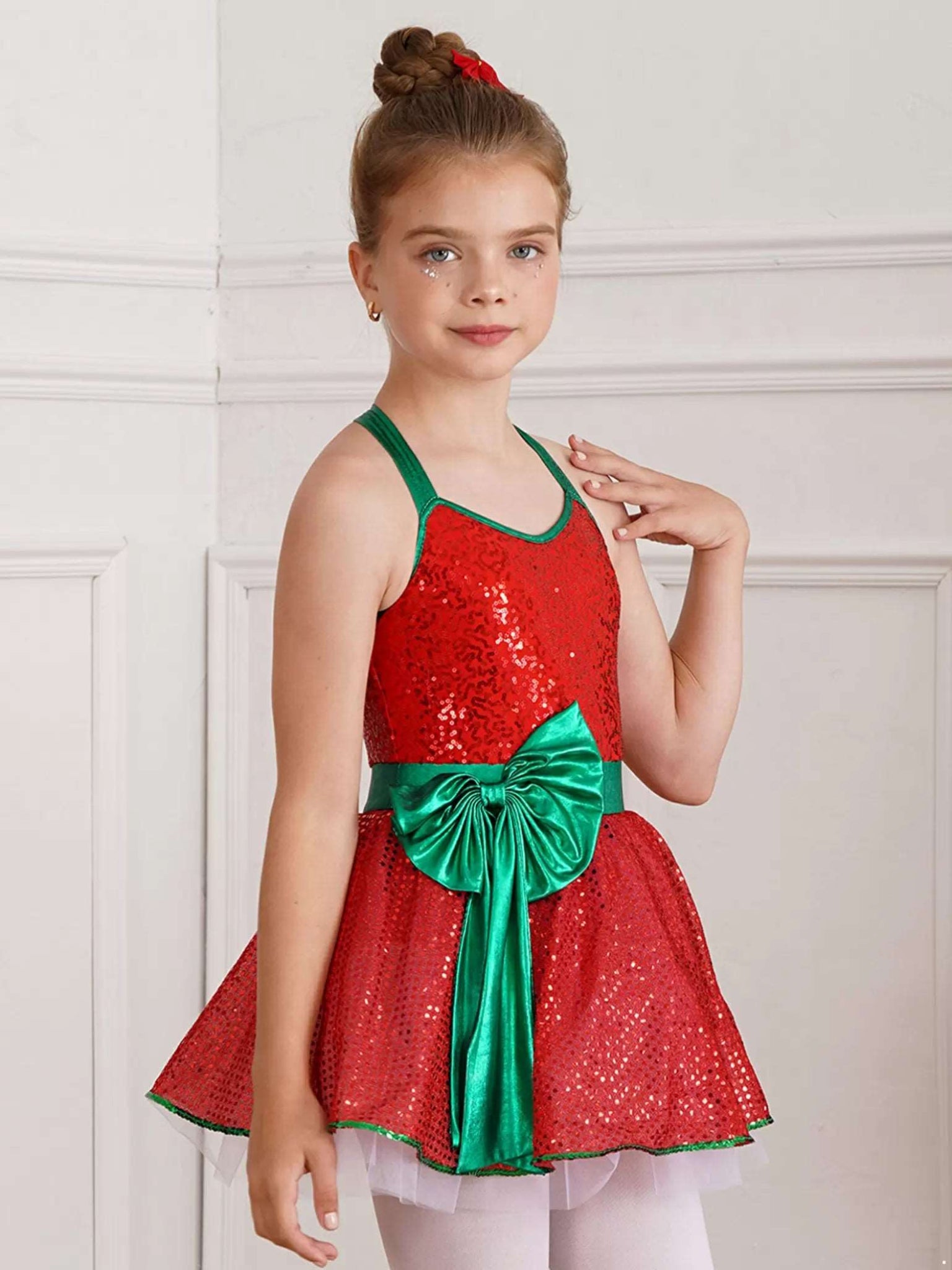 Girls Sequins Christmas Dance Figure Ice Skating Tutu Dress Leotard - TSSOE