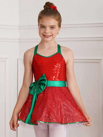 Girls Sequins Christmas Dance Figure Ice Skating Tutu Dress Leotard - TSSOE