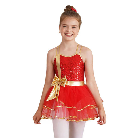 Girls Shiny Sequins Christmas Dance Tutu Dress Leotard Dancewear - TSSOE