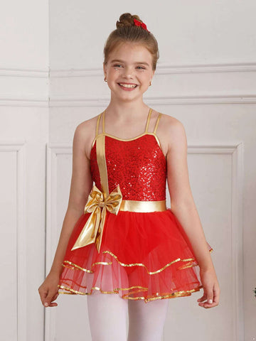 Girls Shiny Sequins Christmas Dance Tutu Dress Leotard Dancewear - TSSOE