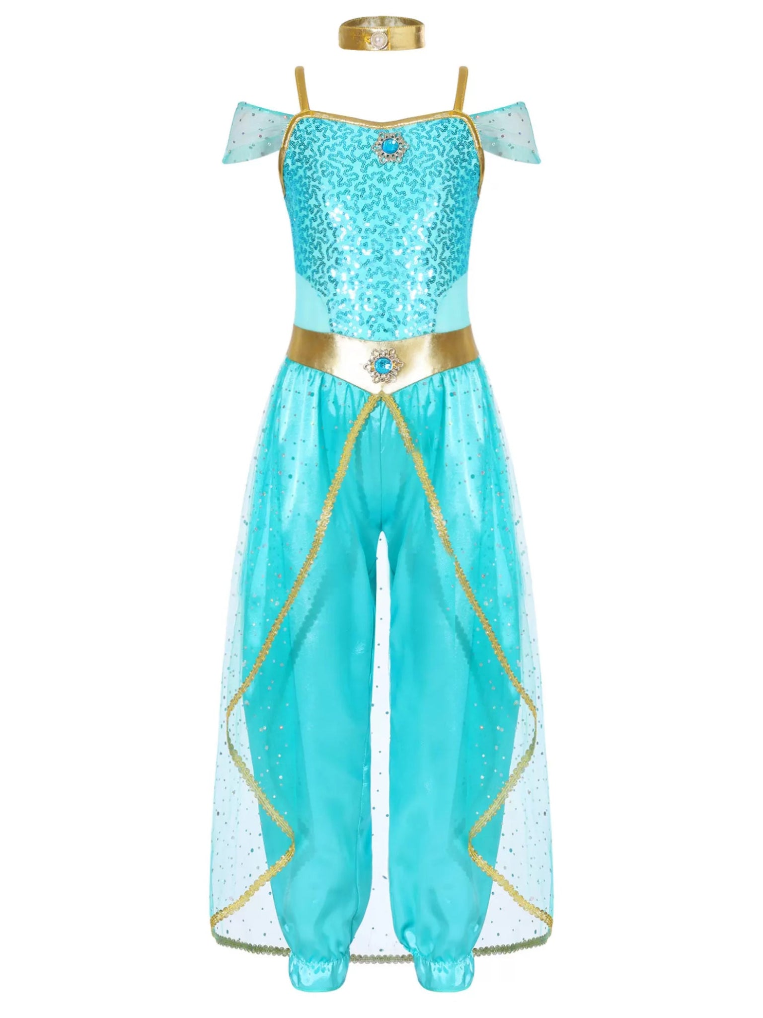 Girls Sleeveless Sequin Arabian Princess Costume Jumpsuit with Choker - TSSOE