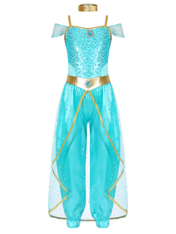 Girls Sleeveless Sequin Arabian Princess Costume Jumpsuit with Choker - TSSOE