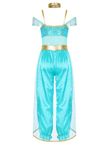 Girls Sleeveless Sequin Arabian Princess Costume Jumpsuit with Choker - TSSOE