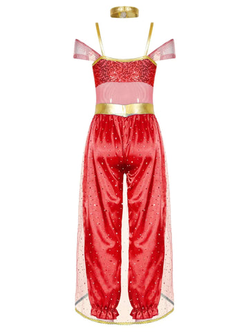 Girls Sleeveless Sequin Arabian Princess Costume Jumpsuit with Choker - TSSOE