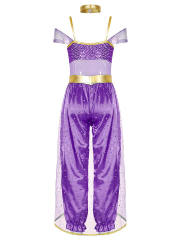 Girls Sleeveless Sequin Arabian Princess Costume Jumpsuit with Choker - TSSOE