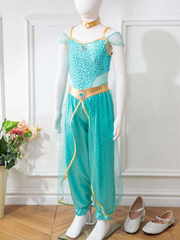 Girls Sleeveless Sequin Arabian Princess Costume Jumpsuit with Choker - TSSOE