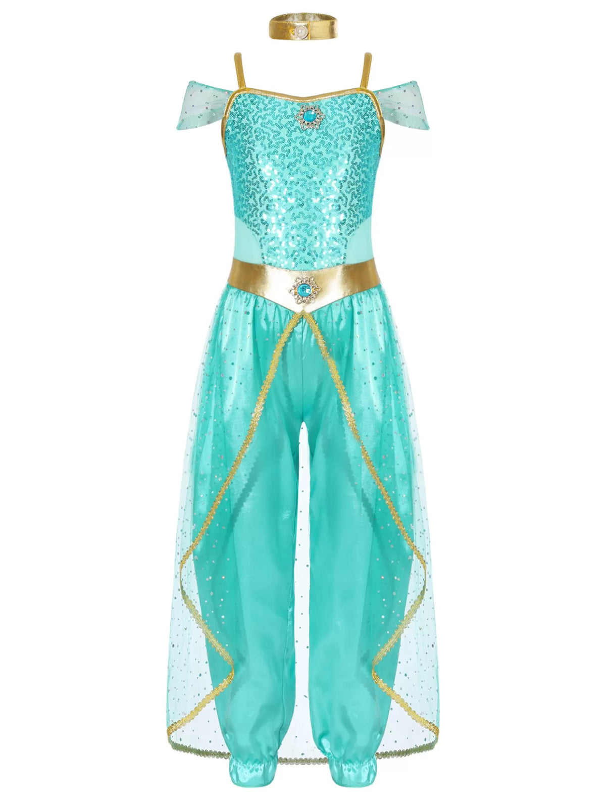 Girls Sleeveless Sequin Arabian Princess Costume Jumpsuit with Choker - TSSOE