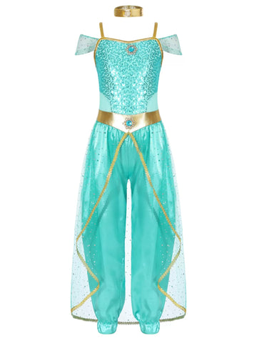 Girls Sleeveless Sequin Arabian Princess Costume Jumpsuit with Choker - TSSOE