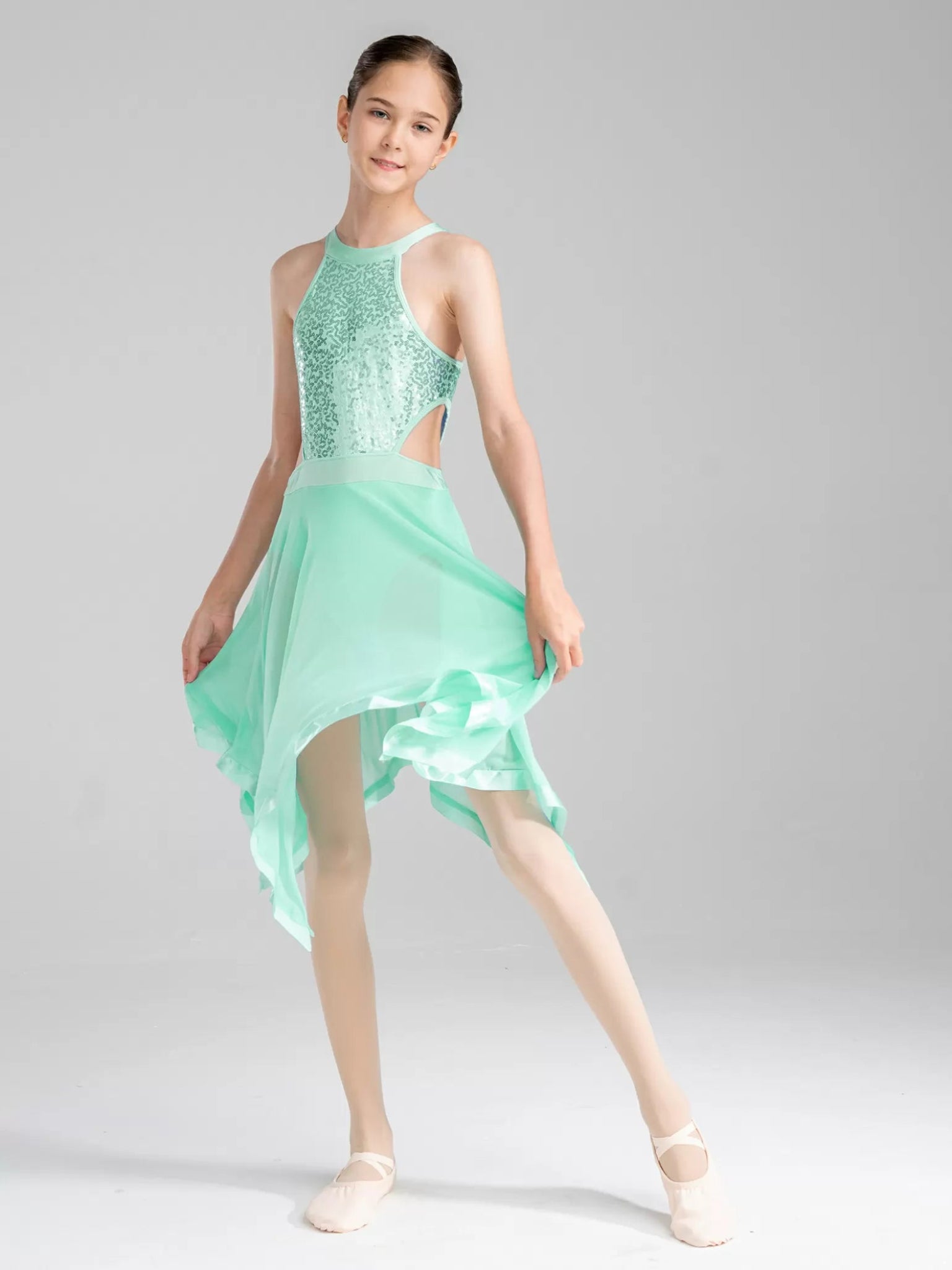 Girls Sleeveless Sequins Contemporary Lyrical Dance Dress Dancewear - TSSOE