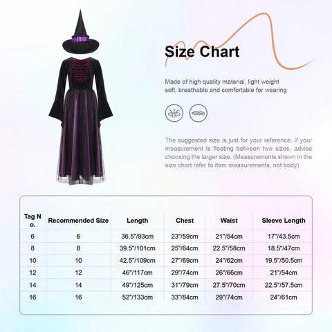 Girls Witch Costume Velvet Long Dress with Hat for Halloween Party - TSSOE