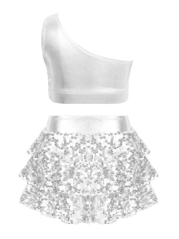 Kid Girls 2pcs Sequin Tiered Ruffles Crop Top and Skirt Jazz Set - TSSOE