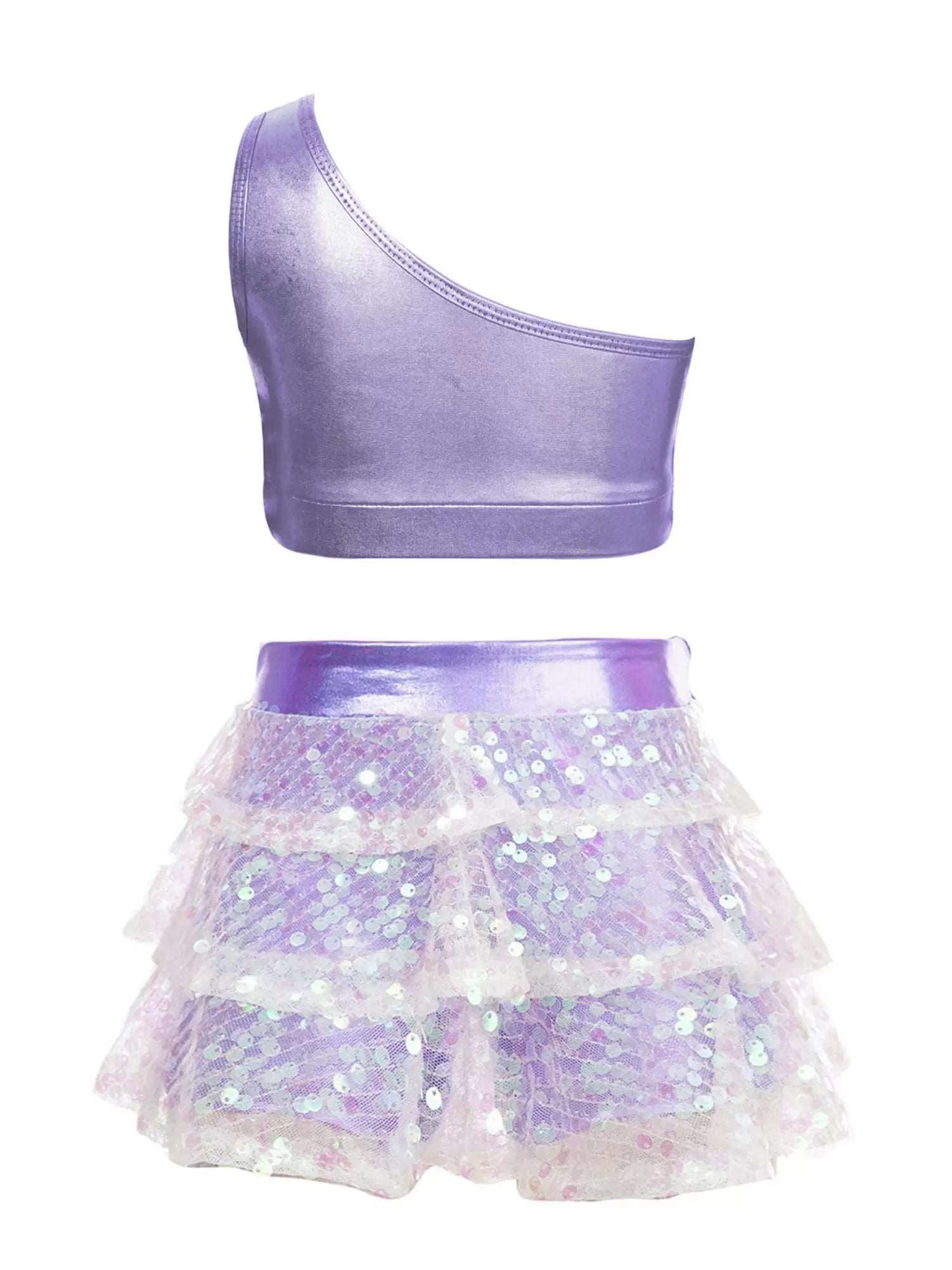 Kid Girls 2pcs Sequin Tiered Ruffles Crop Top and Skirt Jazz Set - TSSOE