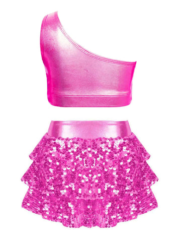 Kid Girls 2pcs Sequin Tiered Ruffles Crop Top and Skirt Jazz Set - TSSOE