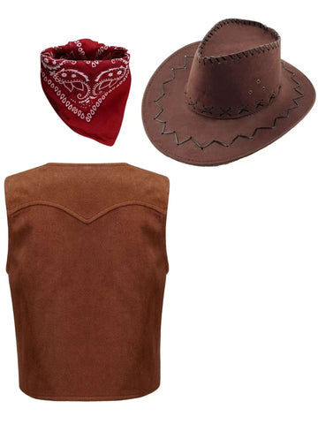 Kids Boys Western Cowboy Vest with Bandanna and Hat Holiday Costume - TSSOE