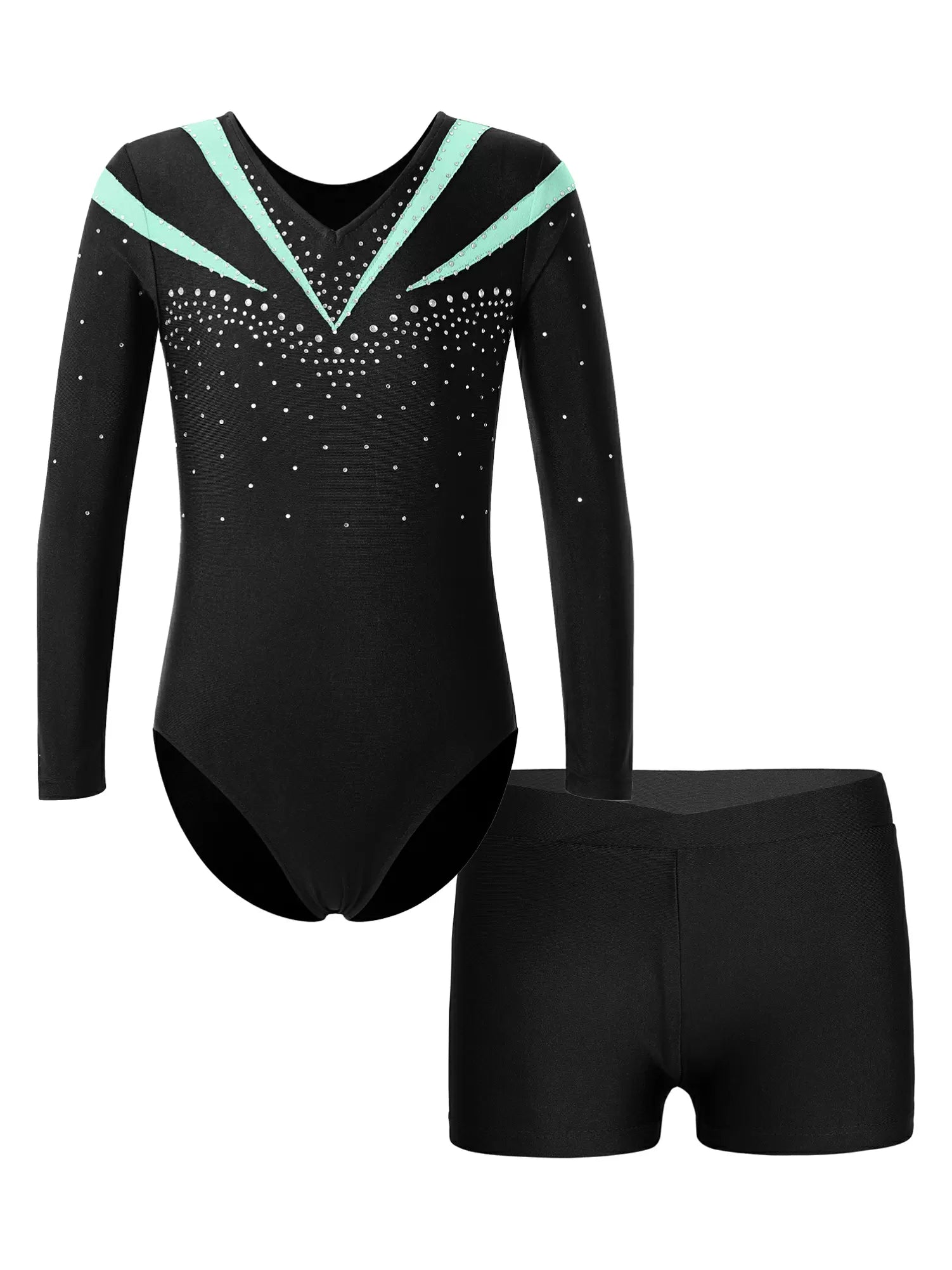 Kids Girls 2pcs Long Sleeve Leotard and Shorts Gymnastics Set - TSSOE