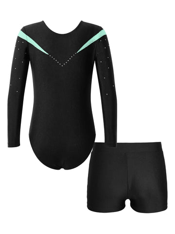 Kids Girls 2pcs Long Sleeve Leotard and Shorts Gymnastics Set - TSSOE