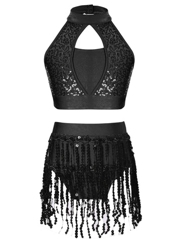 Kids Girls 2pcs Sequin Cop Top and Tassel Shorts Jazz Dance Set - TSSOE