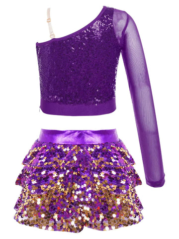 Kids Girls 2pcs Sequins Long Sleeve Top and Skirt Jazz Dance Set - TSSOE