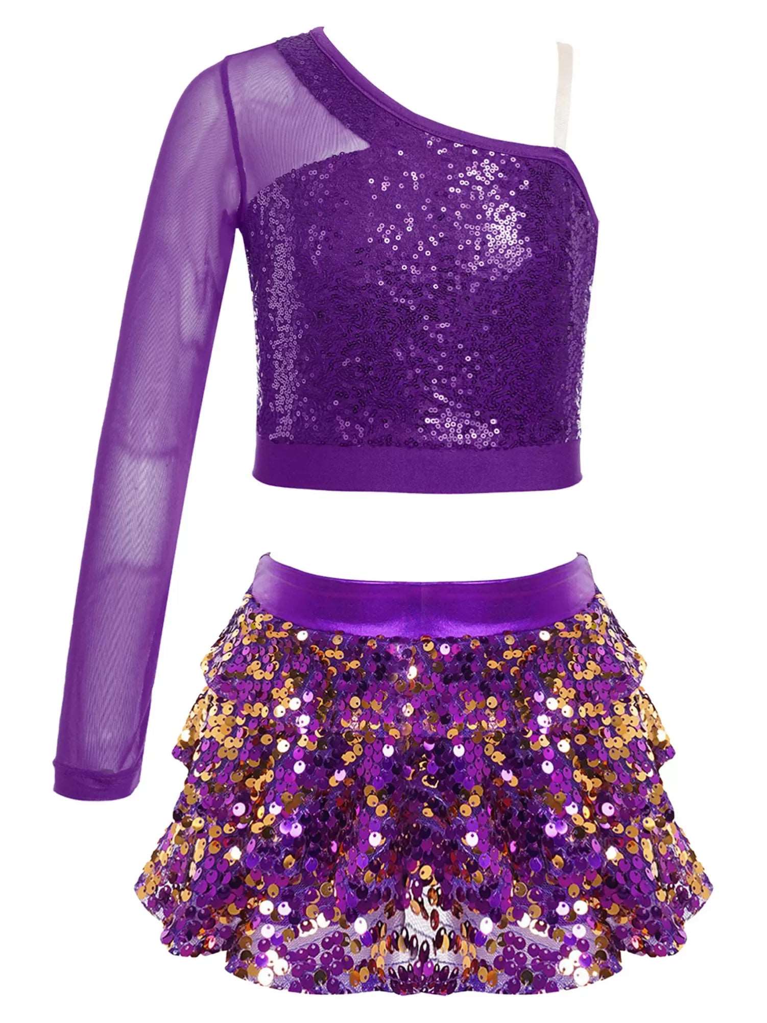 Kids Girls 2pcs Sequins Long Sleeve Top and Skirt Jazz Dance Set - TSSOE