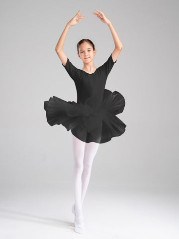 Kids Girls Short Sleeve Ballet Dance Dress Tulle Tutu Skirt Leotard