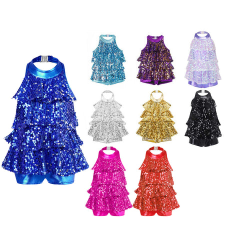 Kids Girls Halter Sequins Jazz Modern Dance Dress Skirt Leotard