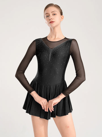 Womens Long Sleeve Ice Figure Skating Dance Dress