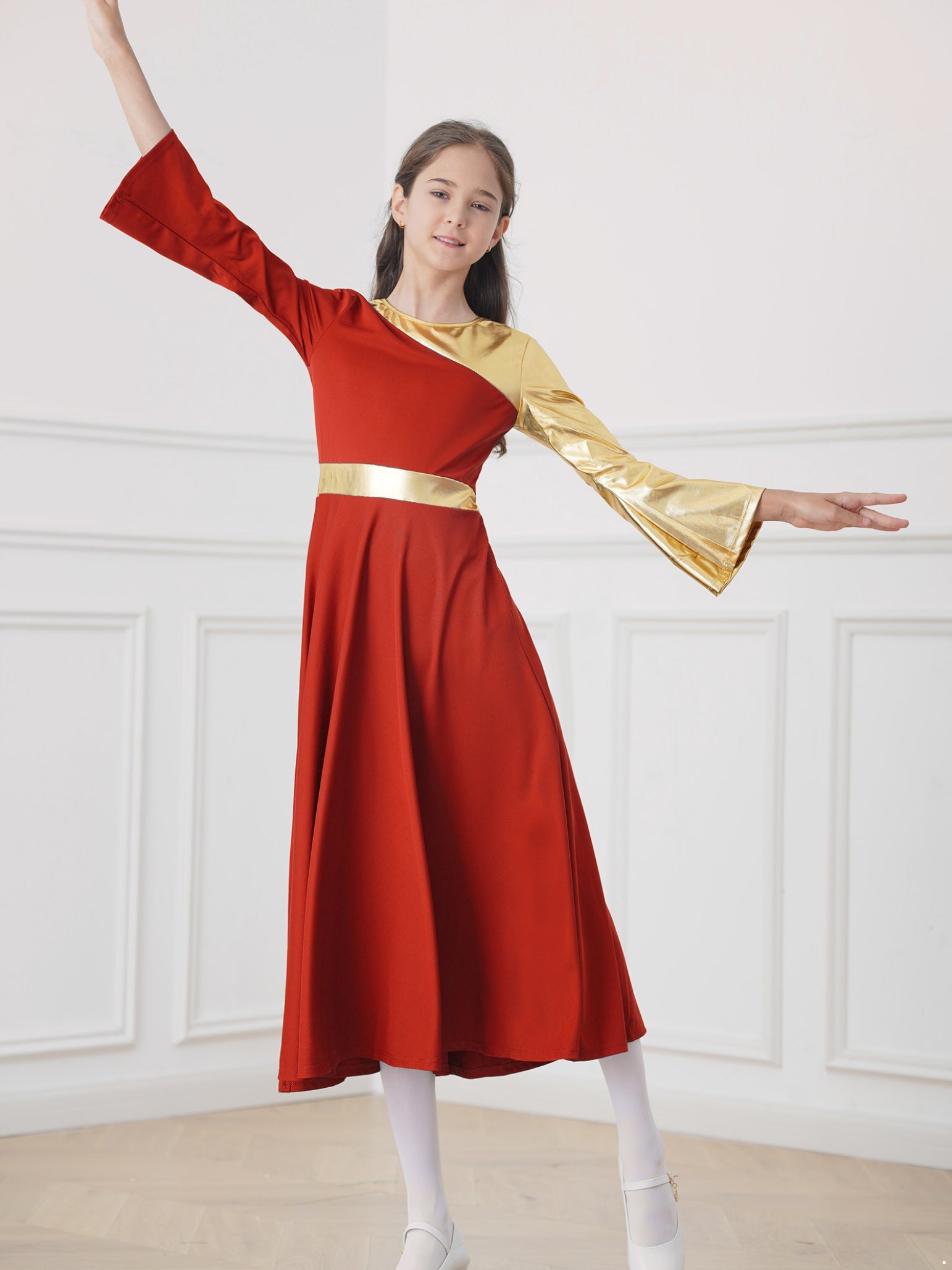 Kids Girls Bell-bottom Long Sleeve Worship Praise Dance Dress