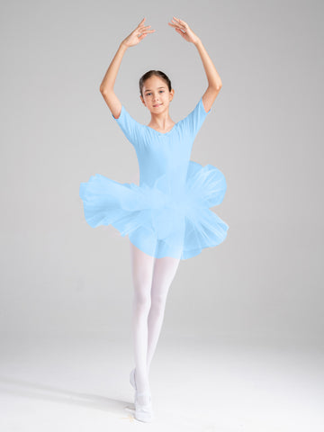 Kids Girls Short Sleeve Ballet Dance Dress Tulle Tutu Skirt Leotard