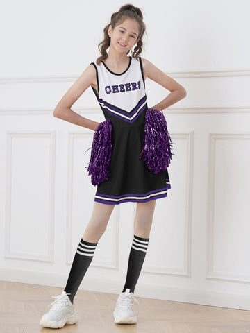 Kids Girls Cheerleader Halloween Costume Cheerleading Uniform Gymnastic Dress with Stockings Pom Pom