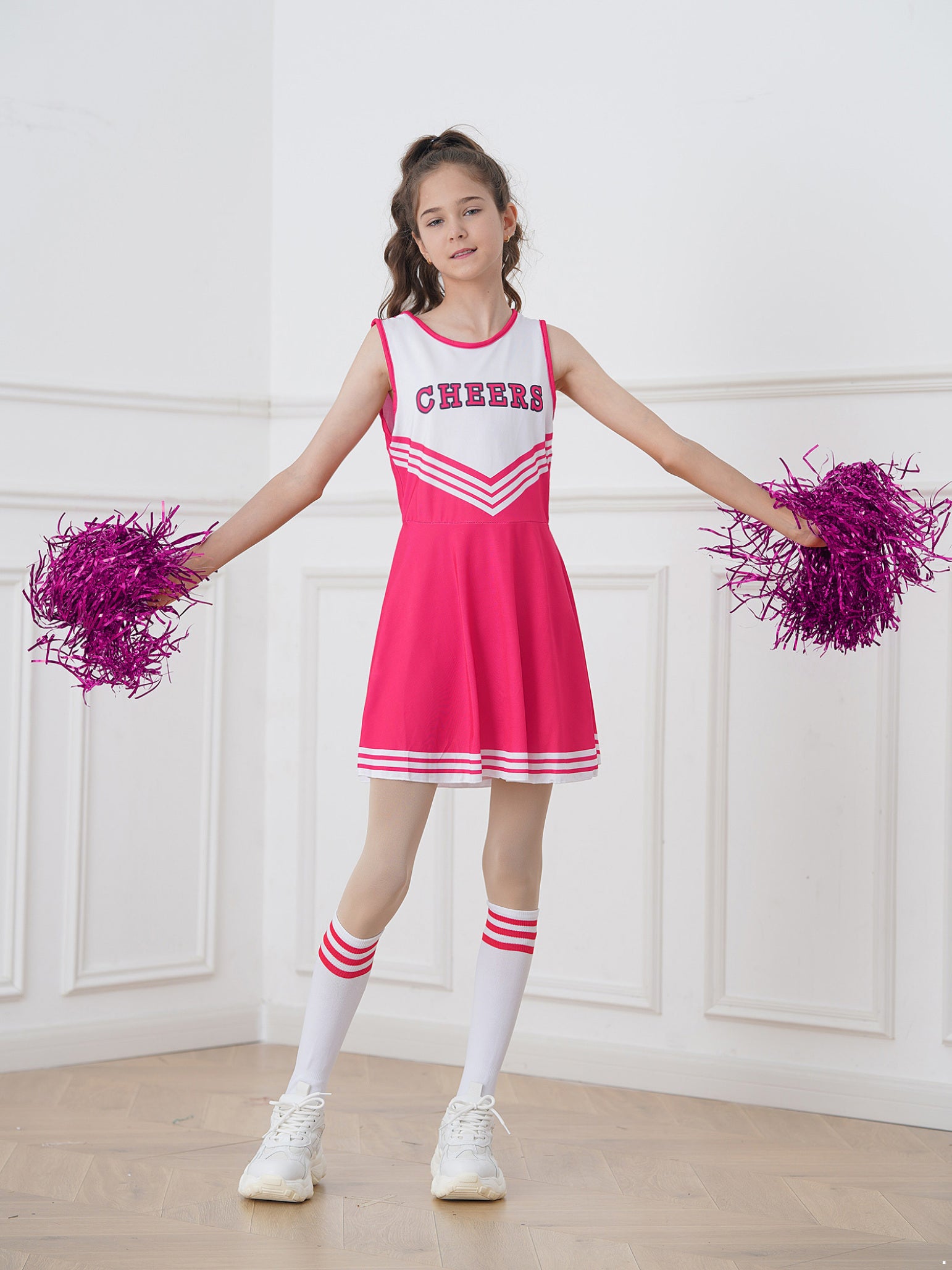 Kids Girls Cheerleader Halloween Costume Cheerleading Uniform Gymnastic Dress with Stockings Pom Pom