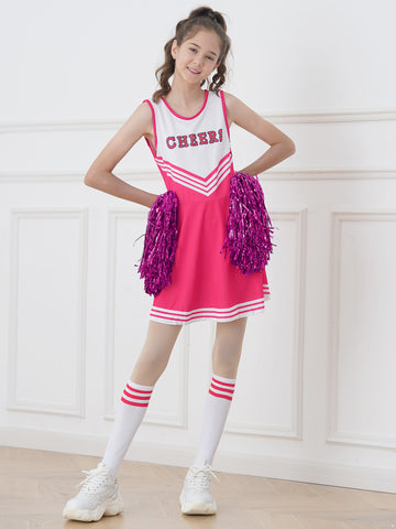 Kids Girls Cheerleader Halloween Costume Cheerleading Uniform Gymnastic Dress with Stockings Pom Pom