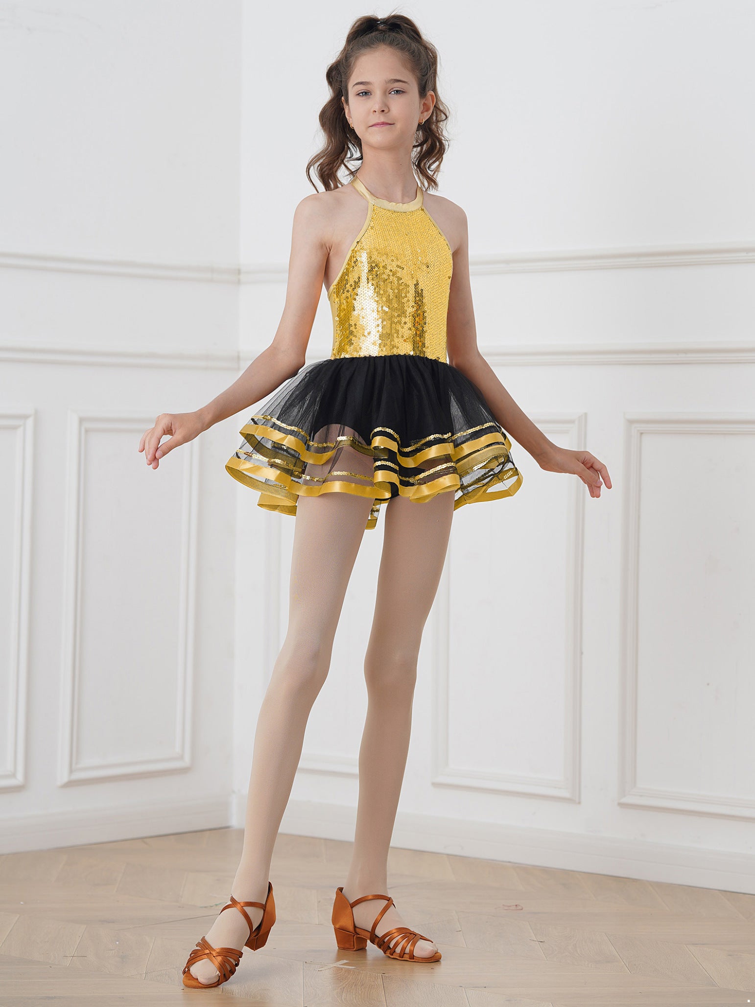 Kids Girls Sleeveless Sequins Jazz Ballet Dance Dress Mesh Leotard