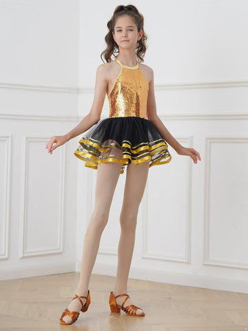 Kids Girls Sleeveless Sequins Jazz Ballet Dance Dress Mesh Leotard