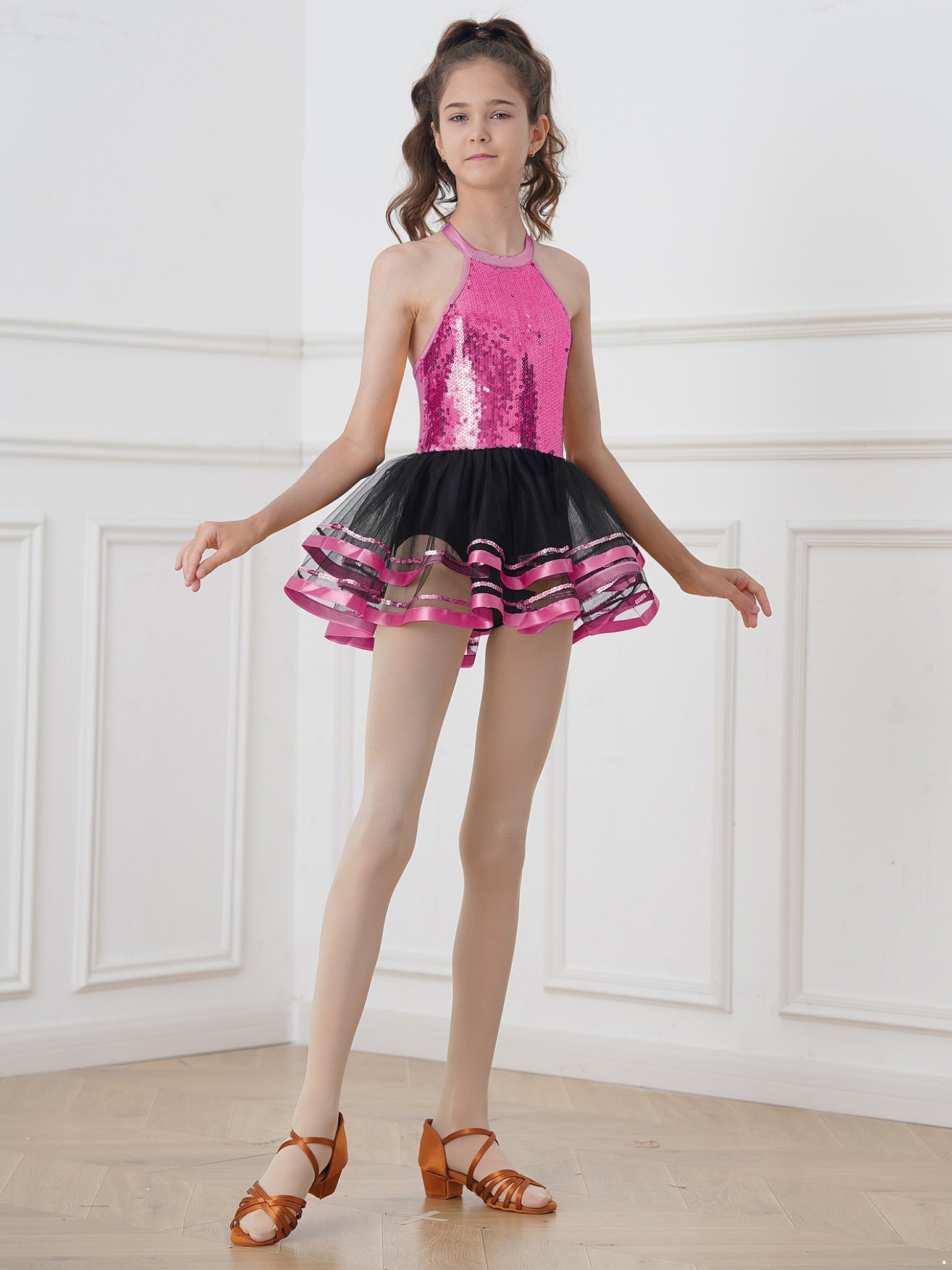 Kids Girls Sleeveless Sequins Jazz Ballet Dance Dress Mesh Leotard