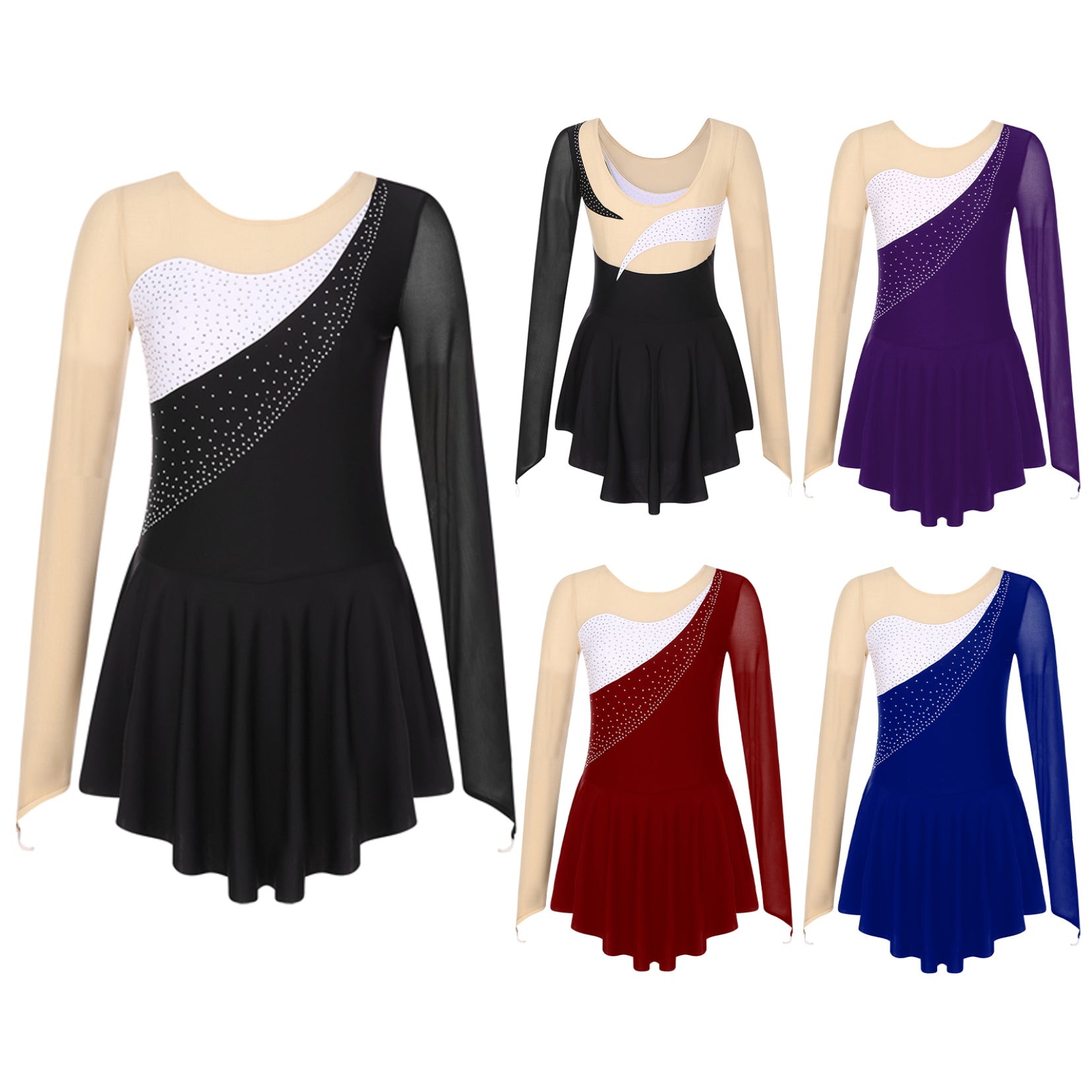 Womens Color Block Figure Skating Dress