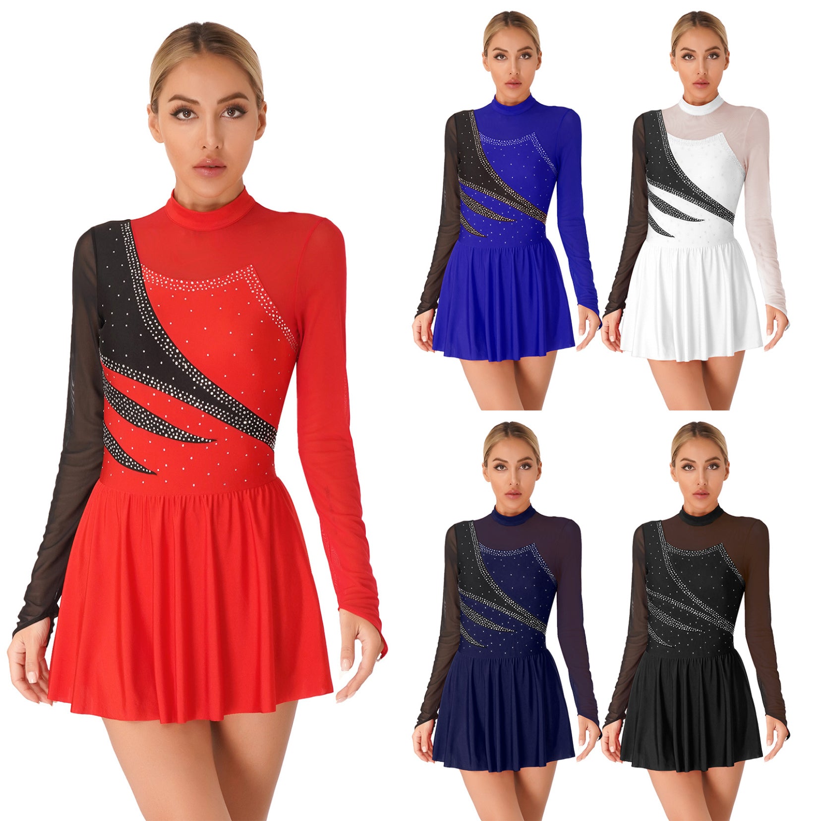 Women Color Block Figure Ice Skating Dance Dresses