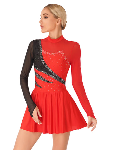 Women Color Block Figure Ice Skating Dance Dresses