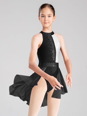 Kids Girls Sleeveless Shiny Rhinestone Figure Ice Skating Dance Dress