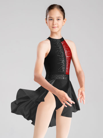 Kids Girls Sleeveless Shiny Rhinestone Figure Ice Skating Dance Dress