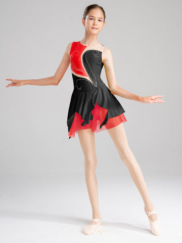 Robe de danse de patinage sur glace sans manches pour enfants filles avec strass