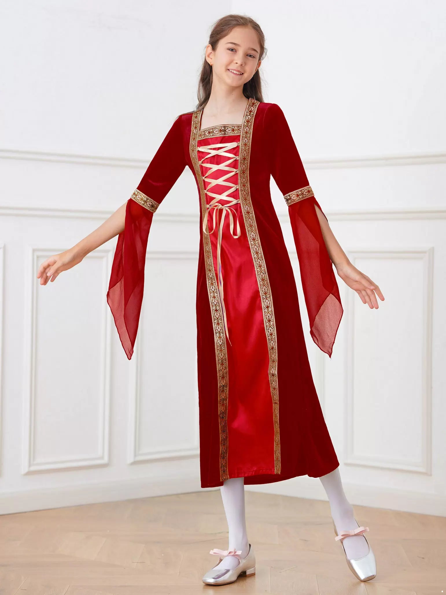 Costume Renaissance médiévale pour filles, robe vintage à manches longues