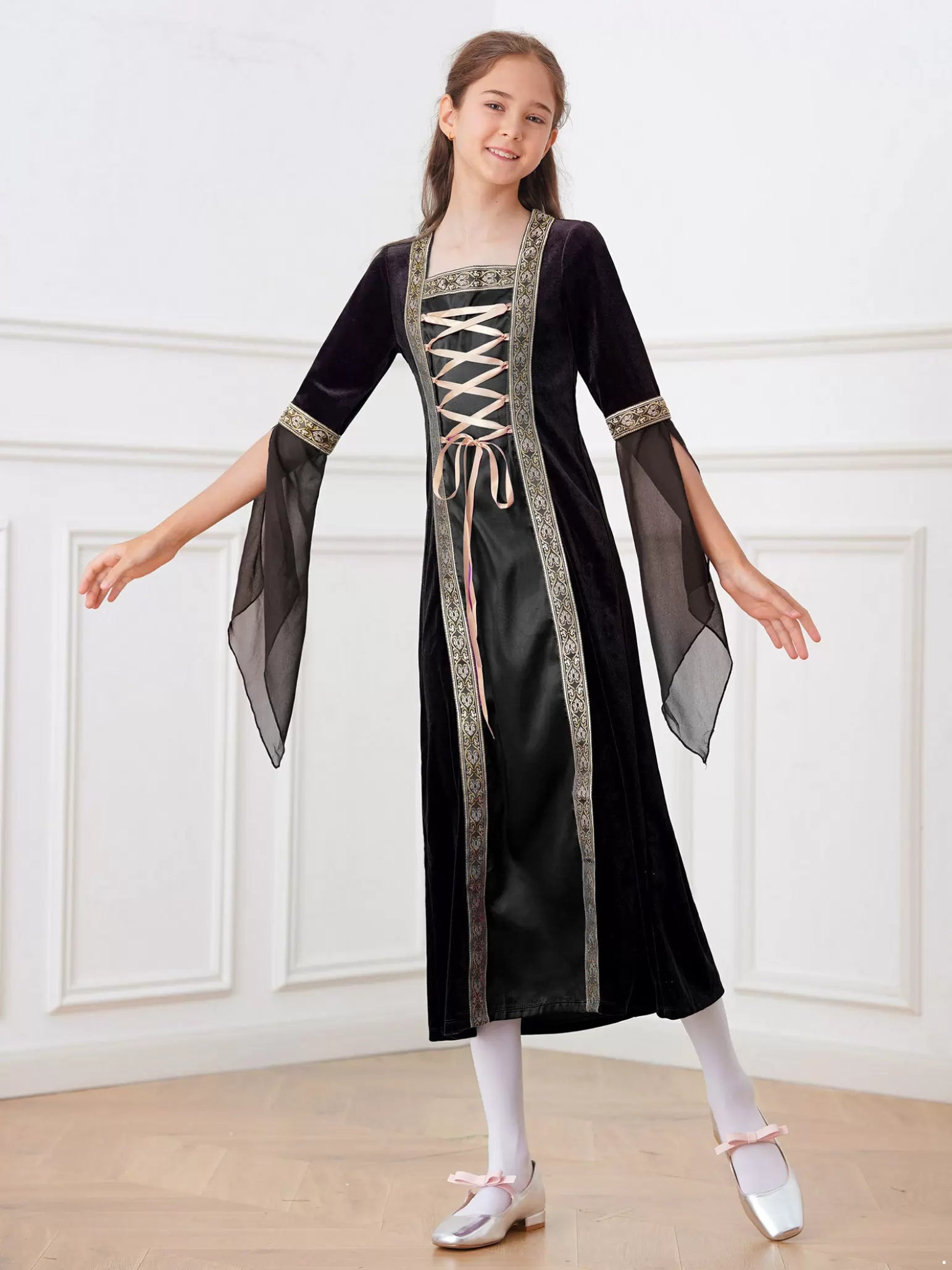 Costume Renaissance médiévale pour filles, robe vintage à manches longues