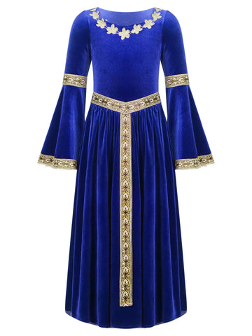 Girls Medieval Princess Costume Velvet Long Maxi Victorian Dress