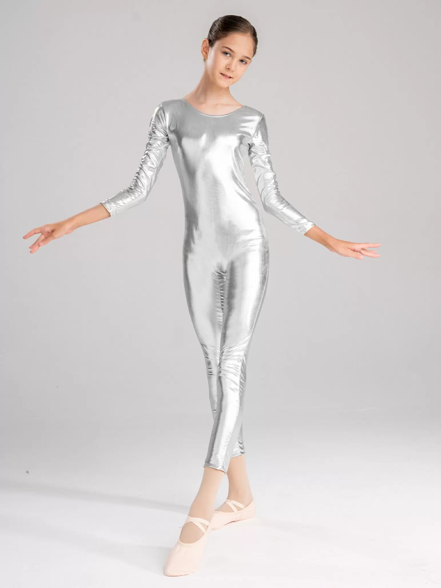 Kids Girls Metallic Full Body Dance Unitard Gymnastics Leotard