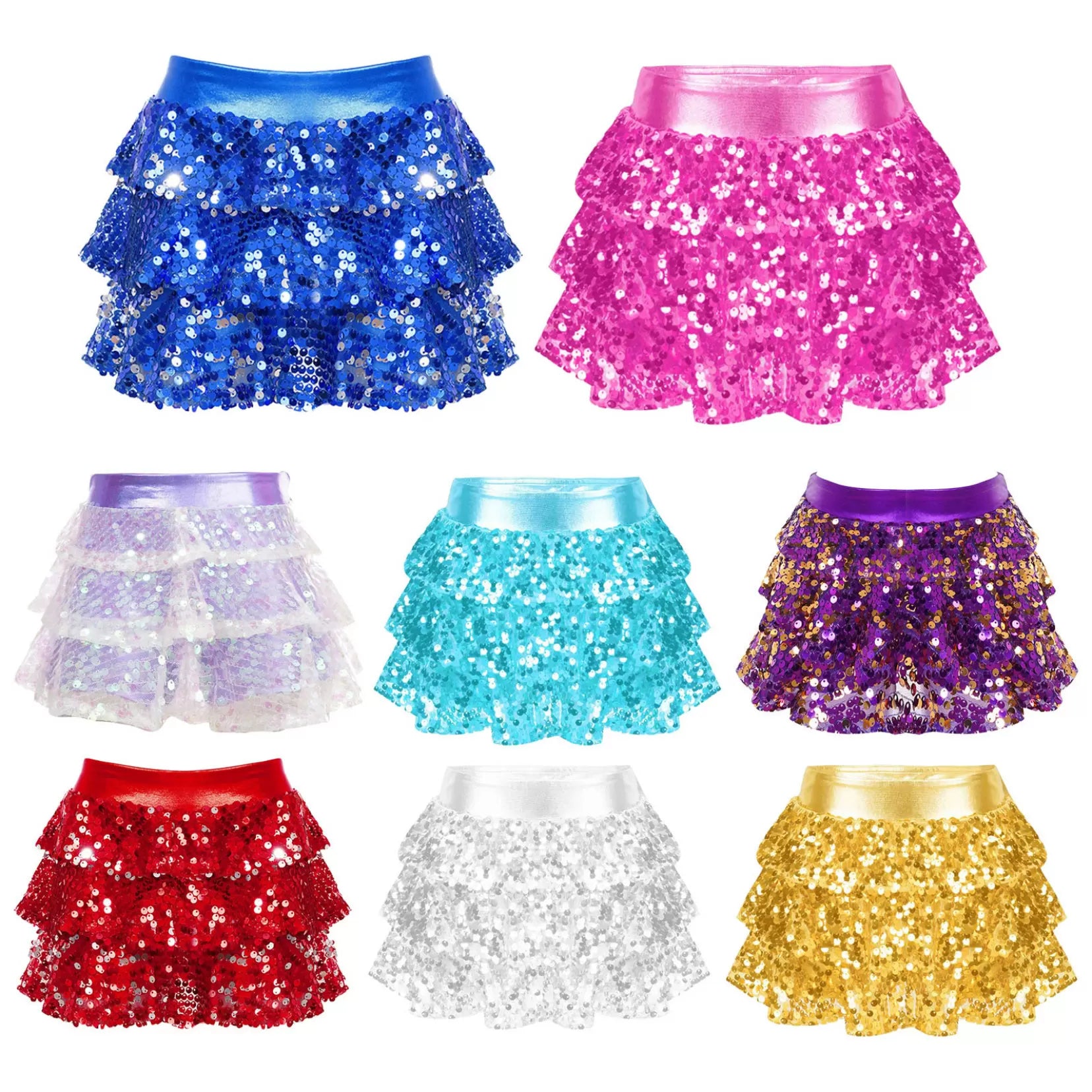 Kids Girls Sparkly Sequins Ruffle Dance Skirt Jazz Latin Costume