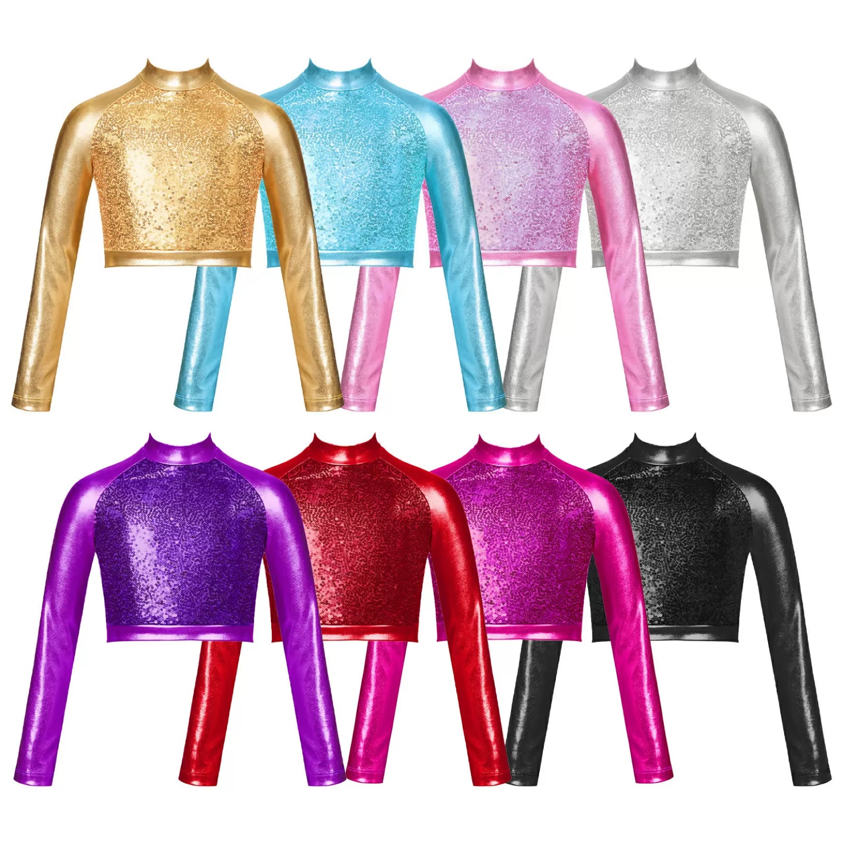 Kids Girls Long Sleeve Metallic Sequin Dance Crop Top Jazz T-shirt