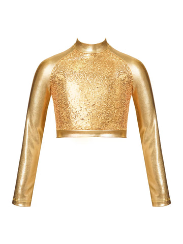 Kids Girls Long Sleeve Metallic Sequin Dance Crop Top Jazz T-shirt